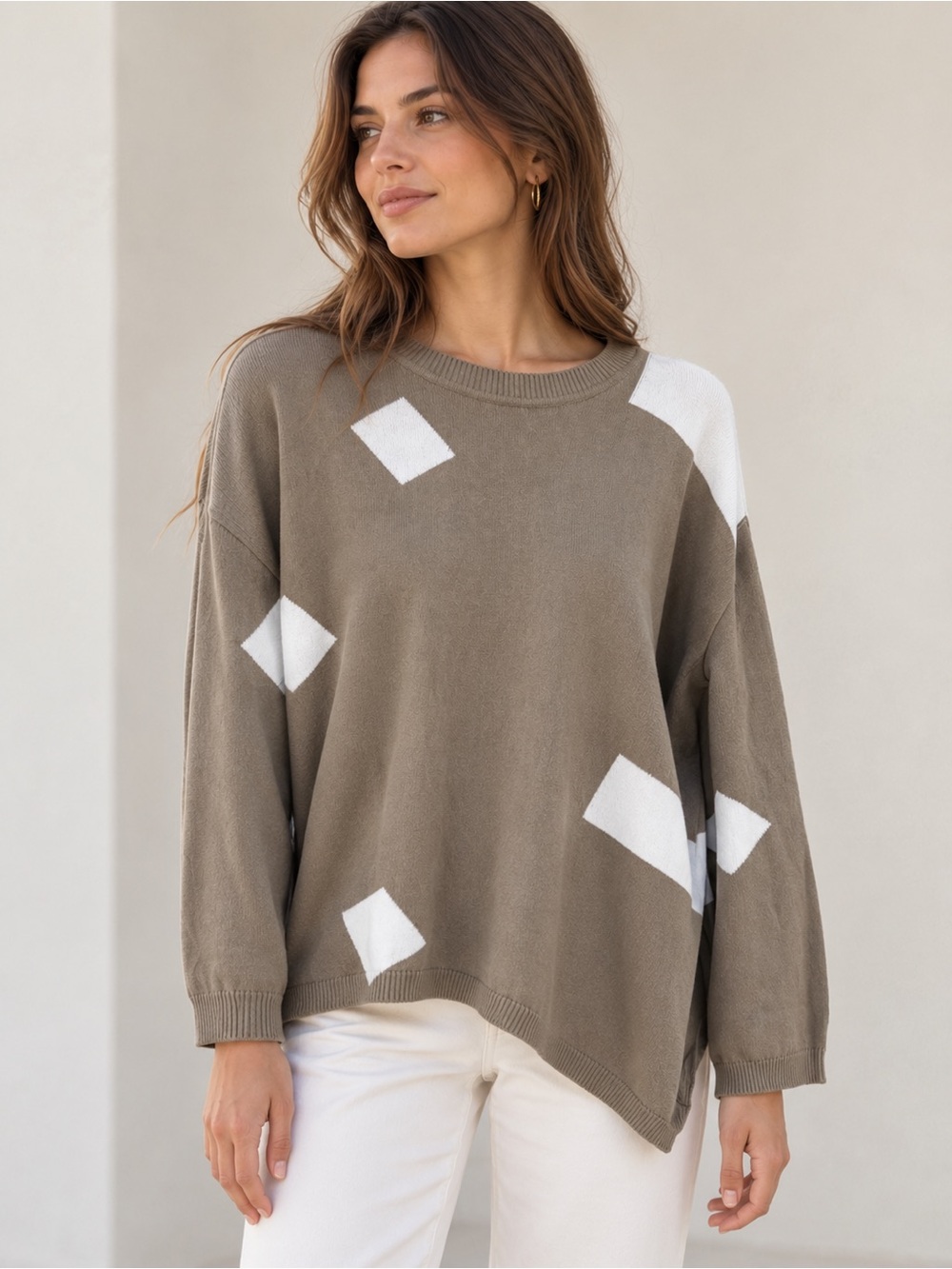 Planet by Lauren G Taupe/White Geometric Modern Sweater One Size Modal Cotton